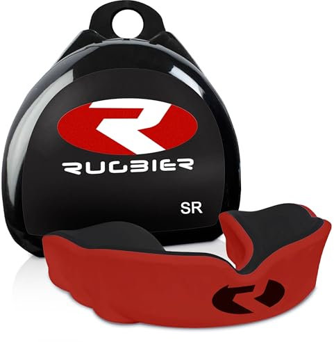 RUGBIER Rugby-Mundschutz, Dual-Gel, thermoformbar, Größe für Erwachsene und Kinder, Unisex, fortschrittlicher Zahnschutz (rot/schwarz, Senior)