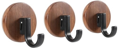SEIUCAN Ganchos de madera de nogal con ventosa, impermeables, sin taladro, extraíbles y reutilizables, para baño, cocina, azulejos, espejo de cristal, grano único cada uno, paquete de 3 (J)