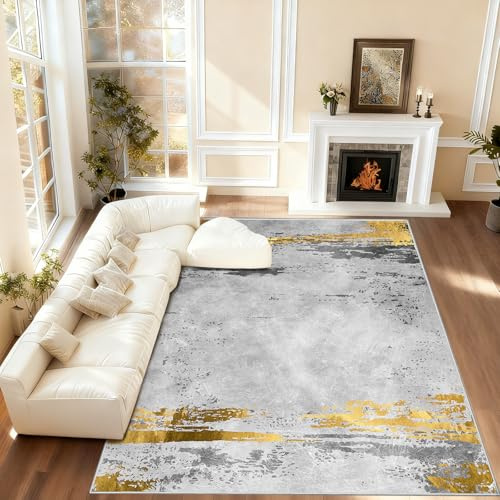 WQMMD Wohnzimmer Teppich 200x300 cm - Abstraktes Design in Grau & Gold - Ultra-Dünner Kurzflor Teppich, Waschbar, rutschfest & Faltbar - Moderner Großer Teppich für Schlafzimmer, Esszimmer & Büro