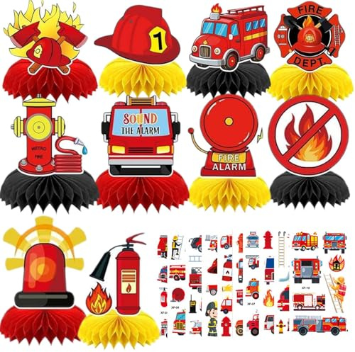 Qpout 10 Feuerwehr Honigwaben Deko Tischdekoration mit 10 Temporär Tattoos Set für Feuerwehr Kindergeburtstag und Feuerwehr Geburtstag Deko Partyzubehör Feuerwehr Spiel