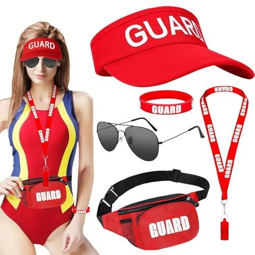 LYPPUL Lifeguard Kostüm Für Damen Und Herren, 5 Stück Rettungsschwimmer Kostüm Set, Baywatch kostüm mit Einstellbar Rettungsschwimmer Hut Gürteltasche Pfeife für Karneval Halloween Cospaly