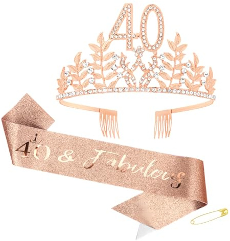 40. Pink Geburtstagskrone-Tiara- und 40 & Fabulous -Schärpe-Set für Damen, Strass-Stirnband-Accessoire-Tiara mit Kamm, Pink Accessoires zur Dekoration von Geburtstagspartys