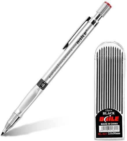APXEL Druckbleistift Set, 2mm Bleistift mit 1 Tuben HB Minen (12 Stück), Grobminenstift Metall Bleistift Minenbleistift für Schüler, Studenten Büro Technisches Zeichnen, Silber