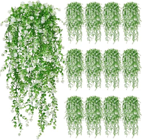Fairblo 12 Pezzi Piante Finte Cadenti Piante Artificiali da Esterno Fiori Artificiali da Appendere Pianta Finta Cadente Realistica per Balcone Giardino Terrazze Interno Esterni Decorazi, Bianco