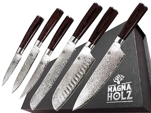 Damastmesser Set, echtes Damast Messerset 67 Lagen, Set 6-teilig, langlebige Schärfe, Spitze Härte 60±2 HRC, Pakka-Holz Griff, Damast Küchenmesser, extrem scharfe Messer, Messerset mit Brotmesser