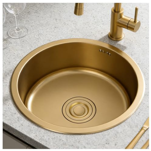 Évier rond doré 40 x 40 cm, carte pour cuisine et barre couleur or, évier circulaire doré bas ou sur plan de travail, sink pour mini bar, acier inoxydable avec siphon
