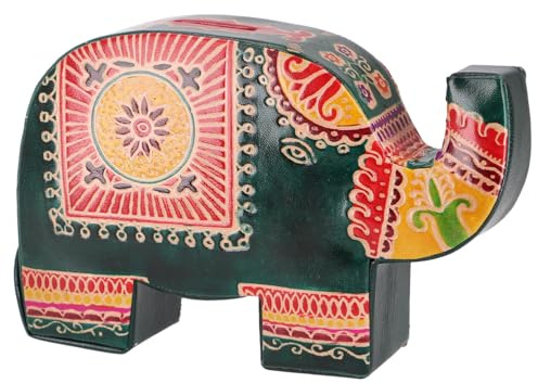 Spardose aus Leder, handgefertigte Tierfigur, Elefant grün, Elefant grün | Bunte, individuelle Designs, ideal als Geschenk, Verschluss mit Knopf, handbemalt, einzigartiger Blickfang.