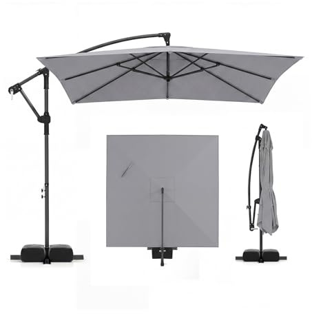 COSTWAY Parasol Déporté 2,5 x 2,5 M, Parasol Rectangulaire avec 8 Baleines Robustes, Manivelle, Rotation à 360°, Protection UV, Base Lestée, 2 Sacs de Sable, pour Jardin, Terrasse, Piscine (Gris)