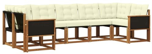 vidaXL Outdoor-Sofagarnitur mit Kissen 7 pcs Natur und Creme, Moderne Gartenlounge, robuster Sofa, eleganter Patio, stylische Möbel für gemütliches Sitzen im Freien
