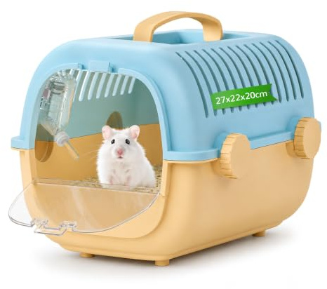 Tragbarer Zwerghamster Hamster Transportbox mit Wasserflasche,27x22x20cm | ABS Kleintier Transportbox mit Tragegriff & Belüftung,Ganzkörper Abnehmbares,Hamster,Rennmäuse,Tierarztbesuche,kurze Ausflüge