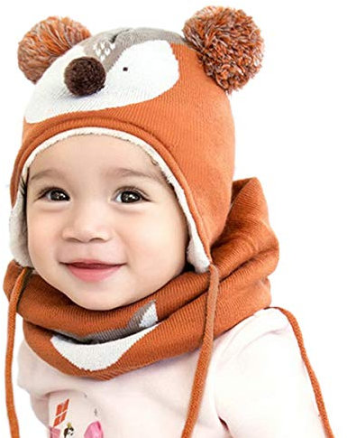 DORRISO Jungen Mädchen Mütze Schal Set Niedlich Klein Fuchs Mütze Winter Herbst Frühling Warm Gemütlich Unisex-Baby Beanie Strickmütze 1-7 Jahr Orange L