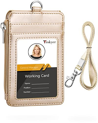 Teskyer Porte Badge, Porte Badge Tour de Cou, Porte Badge en Cuir PU avec Poche Zippée, Lanière en Nylon, 1 Fenêtre d'identification Transparente et 3 Emplacements, Or