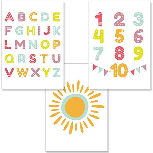 PREMYO Bilder Kinderzimmer Deko Mädchen Jungen - Alphabet ABC Poster Set Babyzimmer - Wandbilder Schlafzimmer Sonne A4