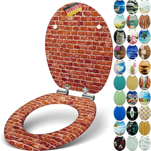 SANFINO® Premium WC Sitz mit Absenkautomatik – hochwertige Toilettendeckel aus Holz, viele bunte Motive, hoher Sitzkomfort, einfache Montage inklusive Montageanleitung – Bricks
