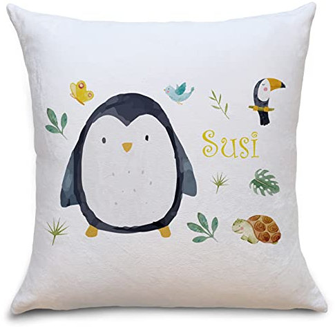 OWLBOOK Pinguin Safari Tiere Flauschiges Kissen mit Füllung Personalisiert mit Namen Geschenke Geschenkideen zur Geburt Baby Kind Mädchen Junge zum Geburtstag Kind