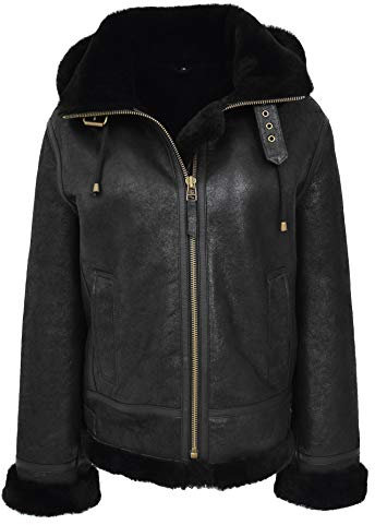 House of Leather Damen Real Schaffell B3 Mit Kapuze Jacke Flieger Pilot Stil Naomi Schwarz 44