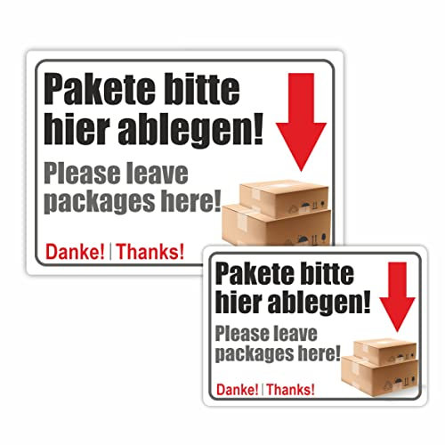 Hinweisaufkleber für den Innen- und Außenbereich (Pakete bitte hier ablegen! - Please leave packages here! - Aufkleber für die Zustellung von Paketen 21x15cm)
