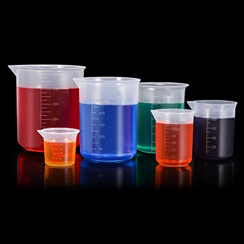Annhua 6 Pcs Plastic Measuring Cups, Durable Resin Mixing Cups,Lab Plastic Beakers, 25ML,50ML,100ML, 200ML,300ML,500ML