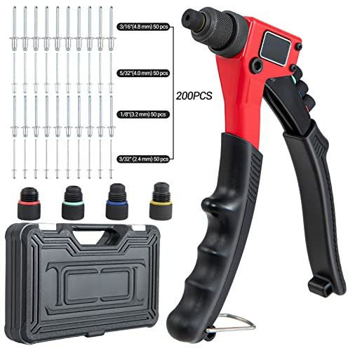 GOPLUS Pistola de remaches con 200 remaches kit de pistola de remaches manual con 4 piezas de boquillas intercambiables sin herramientas y estuche de transporte, remachadora de una mano resistente