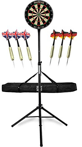 Stagecaptain DBS-1715 Bullseye Pro Dartscheibe Komplett Set - Profi Steeldartscheibe aus Sisal - höhenverstellbarer Dartständer in Schwarz mit Tasche - 6 Dartpfeile und 4 Sets Flights