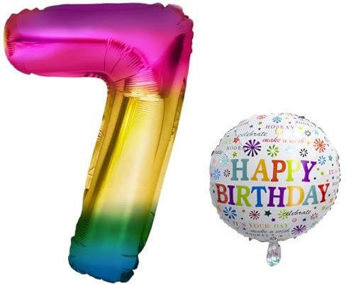 Luftballon 7. Geburtstag - XXL Riesen Folienballon Set 101cm + 45cm + 5M Deko Band - Helium Geeignet - Wiederverwendbar - Geburtstagsdeko für Jungen und Mädchen - Zahl 7