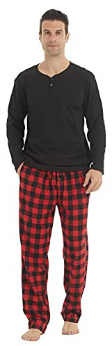 LNFINTDO Pigiama da uomo in pile a maniche lunghe e pantaloni pigiama a quadri, abbigliamento da notte morbido e caldo, nero e rosso, M
