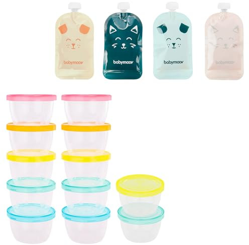 Babymoov 20 Gourdes Réutilisables pour Bébé et Enfant, Contenance 150ml, en Plastique Recyclé, sans BPA, 100% Hermétiques & Badabulle Lot de 12 badabowls, Boîtes de conservation gradués 250ml