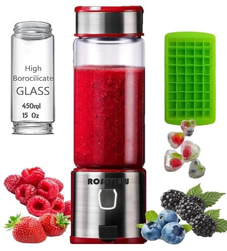 Batidoras de vidrio licuadora mezcladora mejor batido para batidos batidos individuales mini pequeños jugos de frutas portátiles jarra de vidrio licuadora trituradora de hielo (Acero rojo)