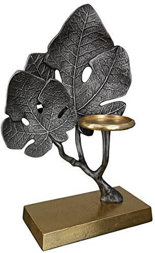 GILDE Teelicht Leuchter - 1 flammiger Teelichthalter aus Aluminium - für Kerzen oder Teelichter bis Ø 8 cm - Motiv Blätter - Farbe Silber Gold - Höhe 38 cm