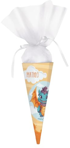 Striefchen® Schultüte für Kinder mit entzückendem Drachen Motiv und Wunschname personalisiert 28 cm