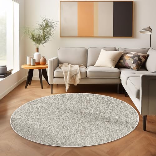 SIMPEX Moderner Kurzflor Teppich Rund Wohnzimmer Schlafzimmer Küchenteppich Läufer Flur Teppichläufer Meliertes Design Weich und Pflegeleicht Jute Rücken, Farbe: Creme, Größe: 120 cm Rund