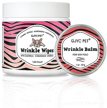 GJYC PET Wrinkle Wipes + Wrinkle Balm for Dogs | Bulldog, French Bulldog, Pug, English Bulldog | Cleans & Soothes Wrinkles, Folds, Tear Stain, Tail Pockets & Paws