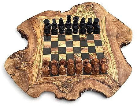 Scacchiera rustica, misura a scelta, S/M/L/XL, con 32 personaggi di scacchi, fatti a mano, in legno d'ulivo, idea regalo (M)