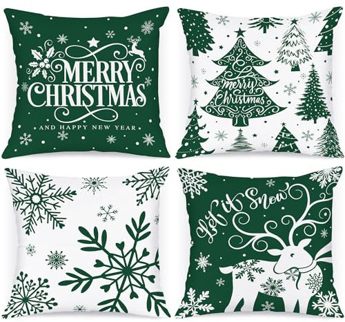 Lanpn 4 Stück Weiß und Grün Kissenbezug Weihnachten Kissenhülle 50x50 cm, Winterliche Schneeflocken Dekorative Weihnachtskissen für Weihnachtsdeko Christmas Bettwäsche Sofa Decorations (Grün)