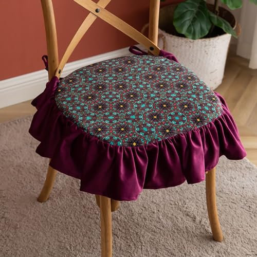ZIBENE Stuhlkissen Mit BäNdern und Volant, Sitzkissen mit WunderschöNem RüSchenrand, Halbrund Stuhlkissen 45x45 mit BäNdern für Esszimmerstuhl KüChenstuhl Restaurants Stuhlauflage, 4er Set, Violett
