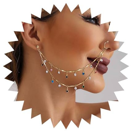 Dervivea Boho Kristall Nase Zu Ohr Kette Gold Cz Nasenring Geschichtet Kristall Nasenring Strass Clip Auf Nase Ring Nicht Durchbohrt Nase Ring Indischen Nase Ring Schmuck Für Frauen Und Mädchen (cz 2)