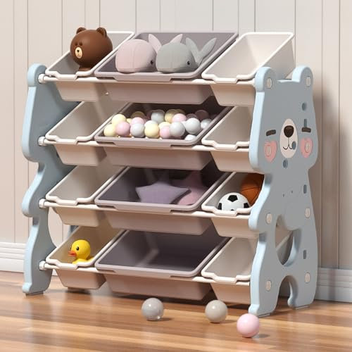 GOODS EMPORIUM Childrens Toy Storage Unit - Kids Storage Boxes for Living Room, Bedroom, Playroom, Daycare, and School. Toys Storage Organiser (Light Blue - Large - Bear)