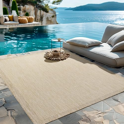 HomebyHome Tapis d'Extérieur Résistant aux Intempéries 200x300 (200 x 290 cm) Beige - Résistant aux UV, Imperméable et Léger - Idéal pour Balcon, Terrasse, Jardin et Cuisine
