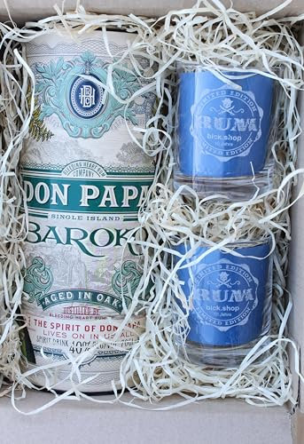 Geschenkset 2 Gläser + 1 Flasche Rum, personalisierte lasergravierte Geschenkidee Ihr Text gravierte Rumgläser, Geschenkbox (LimitedRumDesign, 200ml RumGlas, Don Papa Barokko 40% Vol)