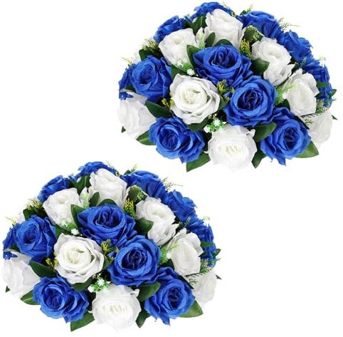2er-Set Künstliche Rosen Blumenkugel mit 30 Köpfrosen Kunstseidenblumen Blumenstrauß Blumenstrauss Rosen Bouquet für Hochzeit Zuhause Tischparty Fensterdekoration Hochzeitsmittelstücke, Weiß-Blau