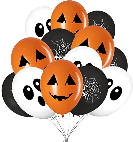 Deco Halloween Decoration Halloween – 35 Ballons Noir Blanc Orange avec Fantomes, Araignees et Citrouilles pour Fete d’Halloween -35 Pcs-