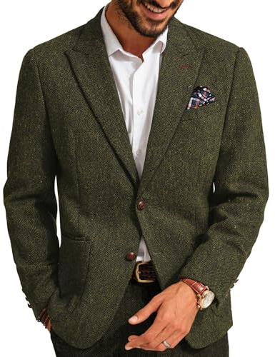 PJ PAUL JONES Blazer Jacket for Men British Wool Blend 2 Button Sport Coat Tweed Herringbone Blazer Jacket Army Green L