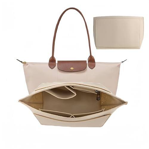Berelin Bag Insert Organizer, Purse Insert Organizer With Zipper,Multi-Pocket Felt Handbag Organizer for Insert Wallet Organize, Folding Tote Bag organize for Longchamp (Beige, L)