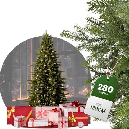 BoomDing Schmaler Weihnachtsbaum mit Beleuchtung | 180 cm hoch und 280 LED | Naturgetreuer künstlicher Tannenbaum mit einem Mix aus Spritzguss und PVC Nadeln | Inkl. stabilem Christbaumständer