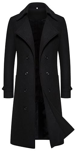 Cexiakong Men's Winter Long Trench Coat Double Breasted Coats Belt Loose Jacket Men's Winter Long Trench Coat Double Breasted Coat with Loose Waist, black, XL