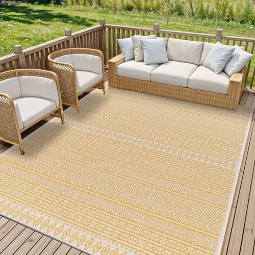 Livabliss Motril Indoor Outdoor Rug - Large Boho Rugs for Living Room 200x275 cm Dining, Kitchen Carpet, Patterned Neutral and Coloured Rugs, Waterproof, Stain Durable - Mustard and Ivory