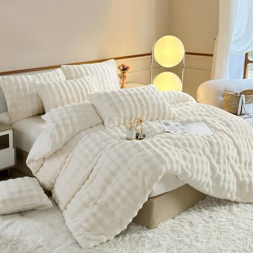 YASMENG Bettbezug Flanell, 240 x 260 cm, Winter, warm, weiß, Plüsch, Langflor, Bettwäsche, Flanell, weich, flauschig, für Doppelbett, mit Reißverschluss und Kissenbezügen, 65 x 65 cm