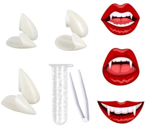 XBFOCNH Denti da Vampiro Kit 3 Dimensioni,Denti Vampiro con 1 Tubo Denti Pellet Adesivo,Halloween Denti Vampiro Adulto,per Cosplay Party Props Denti Finti Vampiro