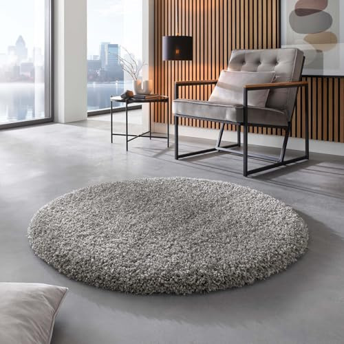 Taracarpet Shaggy Hochflor Langflor Teppich Twilight Luxus Qualität aus Belgien geeignet fürs Wohnzimmer Schlafzimmer und Kinderzimmer 9999 Silber grau 120x120 cm rund
