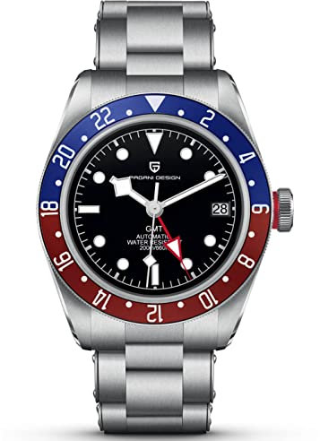 Pagani Design 1706 GMT Herren-Automatikuhren, Edelstahl, 100 m wasserdicht, doppelte Zeit, modisch, lässig, selbstaufziehende Armbanduhr, Rot und Blau, Armband